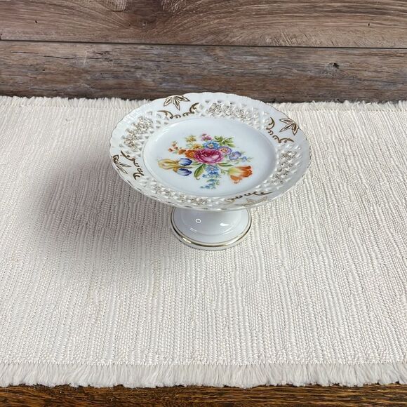 Porcelain Pedestal Plate Stand , 3 3/4” High x 6 1/2” Wide,Floral,Gold Leaf Trim - Picture 5 of 11
